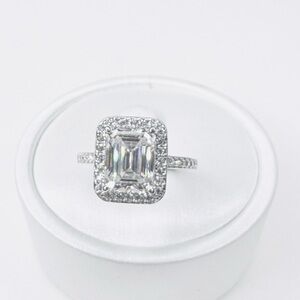MOISSANITE 3 ctw Emerald Cut With Halo and Side Stones